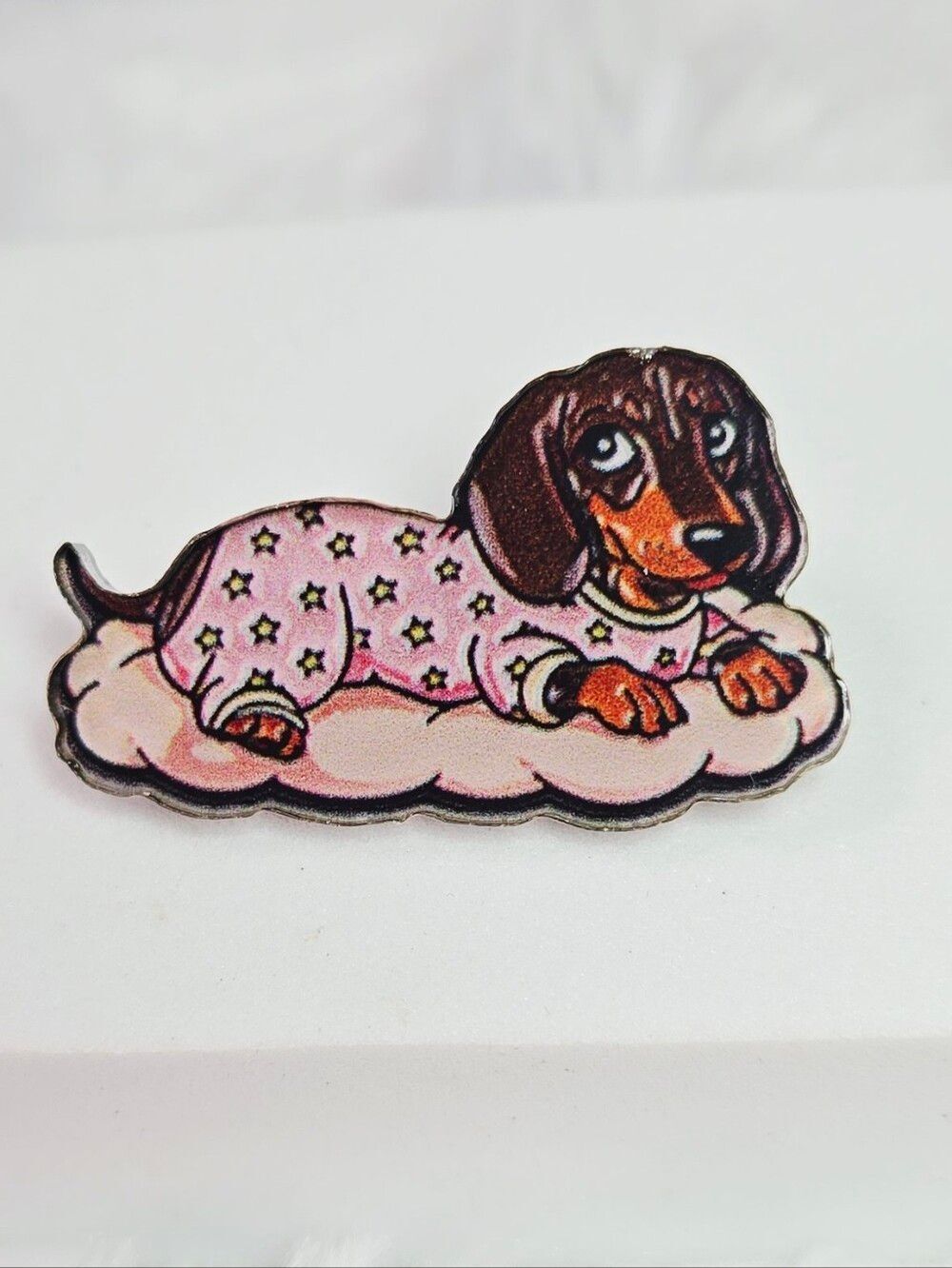 Sleeping Dachshund Lapel Pin Pink Pajamas Doxie Acrylic Doggie Dreams Pet Owner